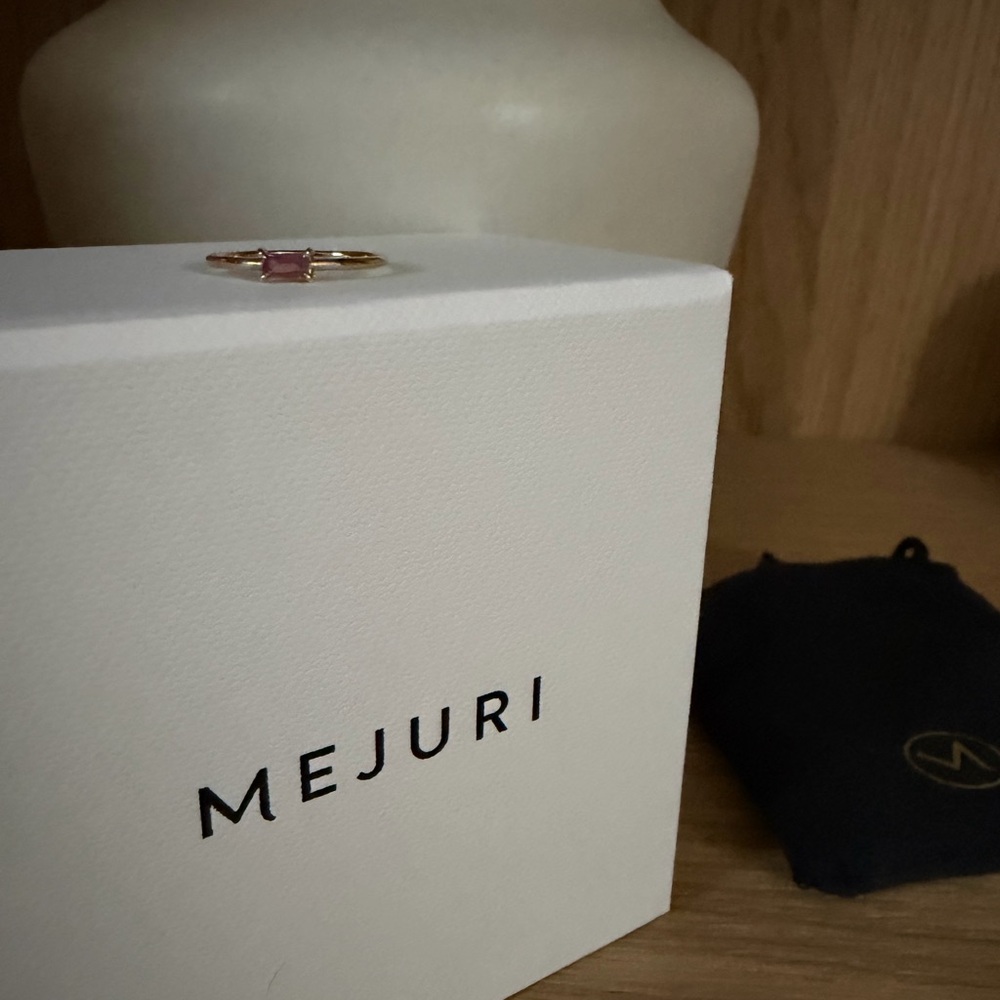 Mejuri Baguette Stacker Ring,  14k Yellow Gold, Pink Tourmaline, Size 4
